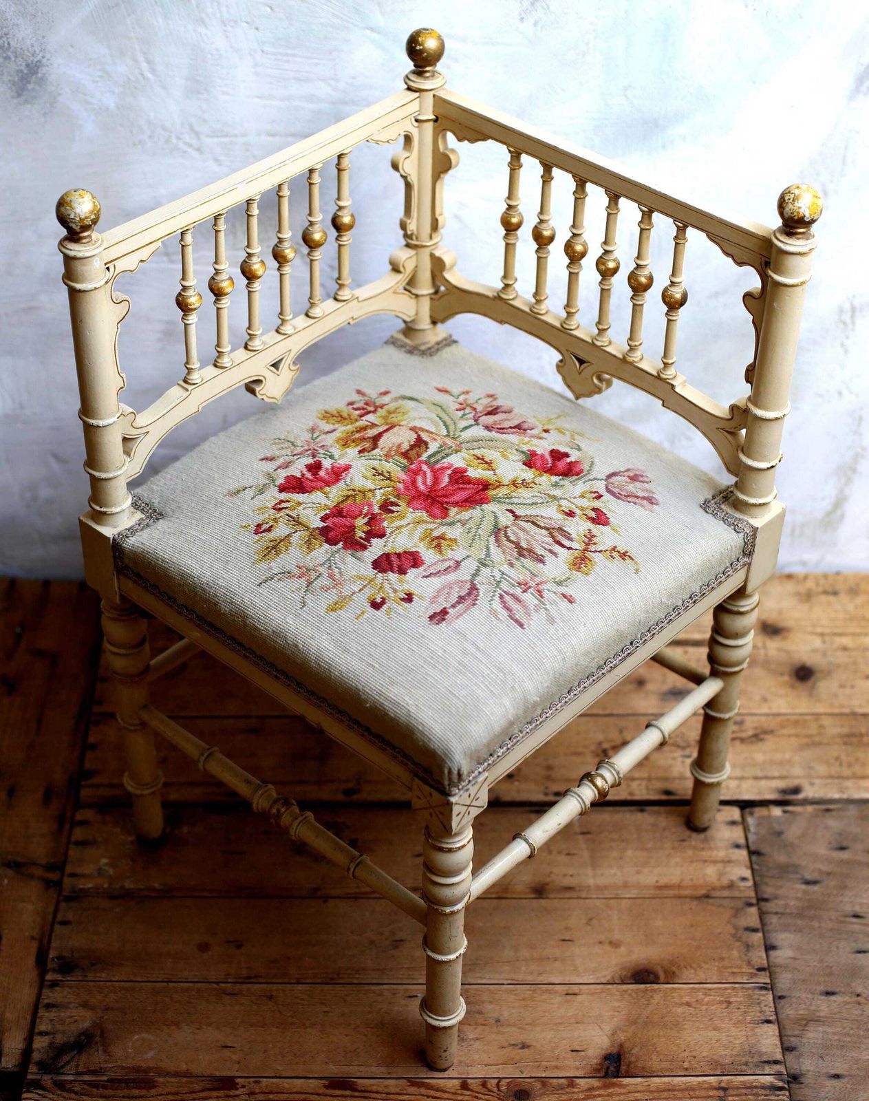 Antique French Corner Chair Small Embroidered Floral Carved Seat