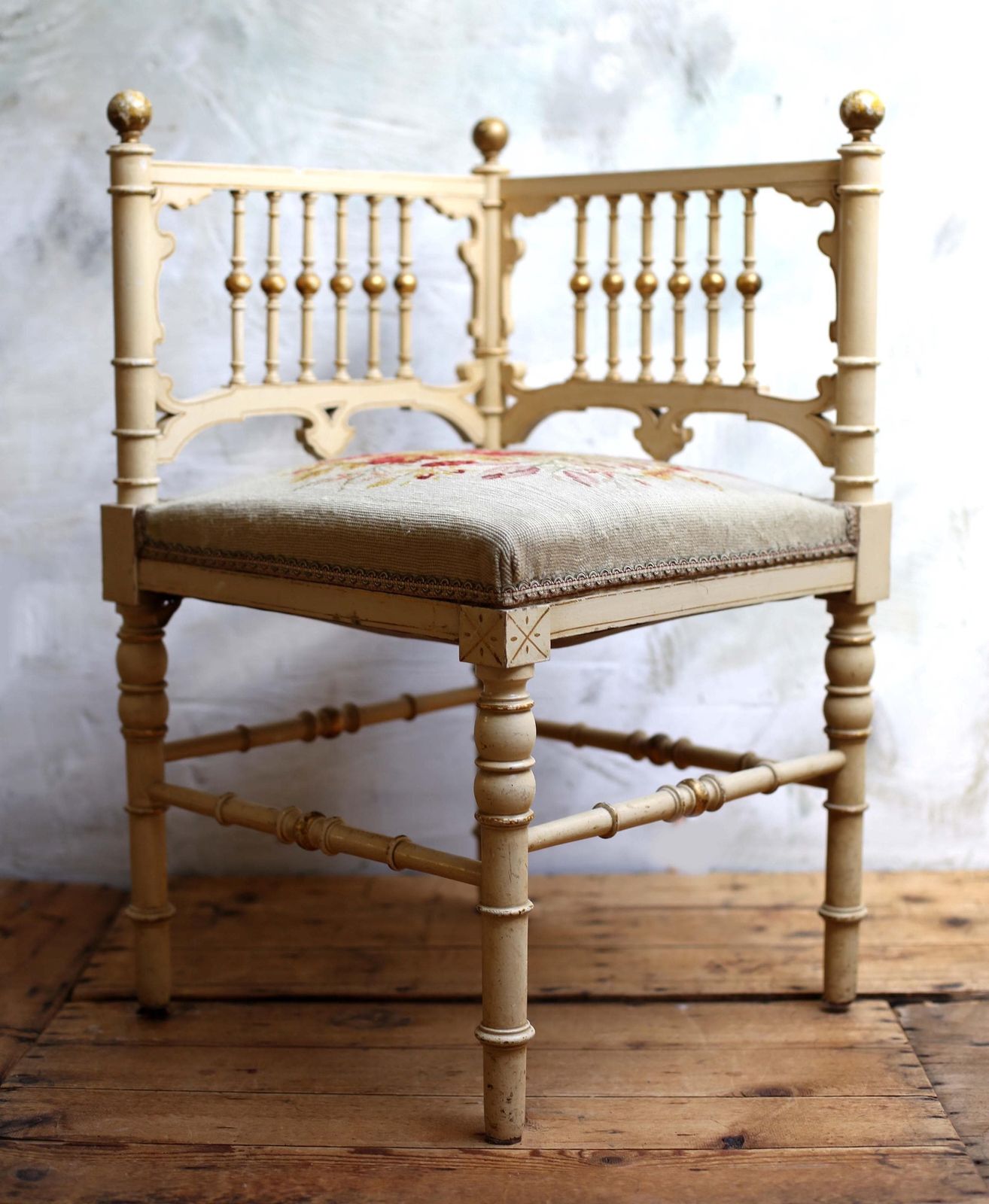 Antique French Corner Chair Small Embroidered Floral Carved Seat photo buy