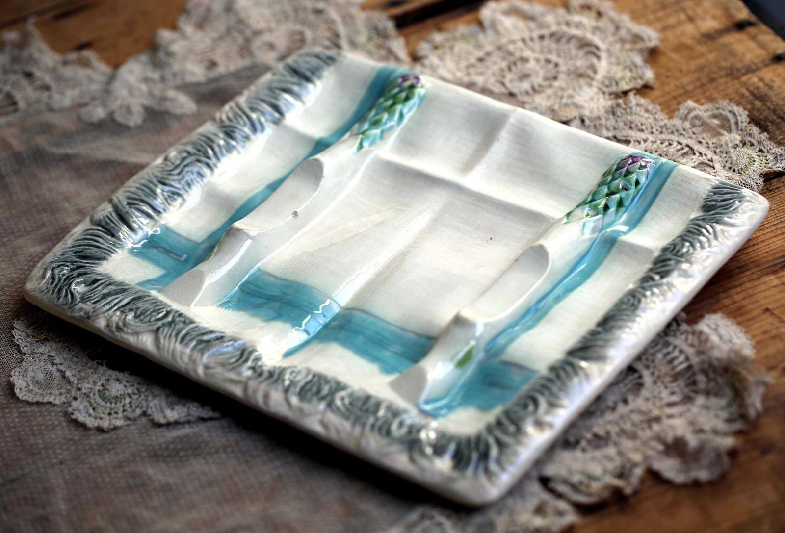 Antique Asparagus Set Drainer & Plate French Majolica Serving Platter Salins photo Home Decor
