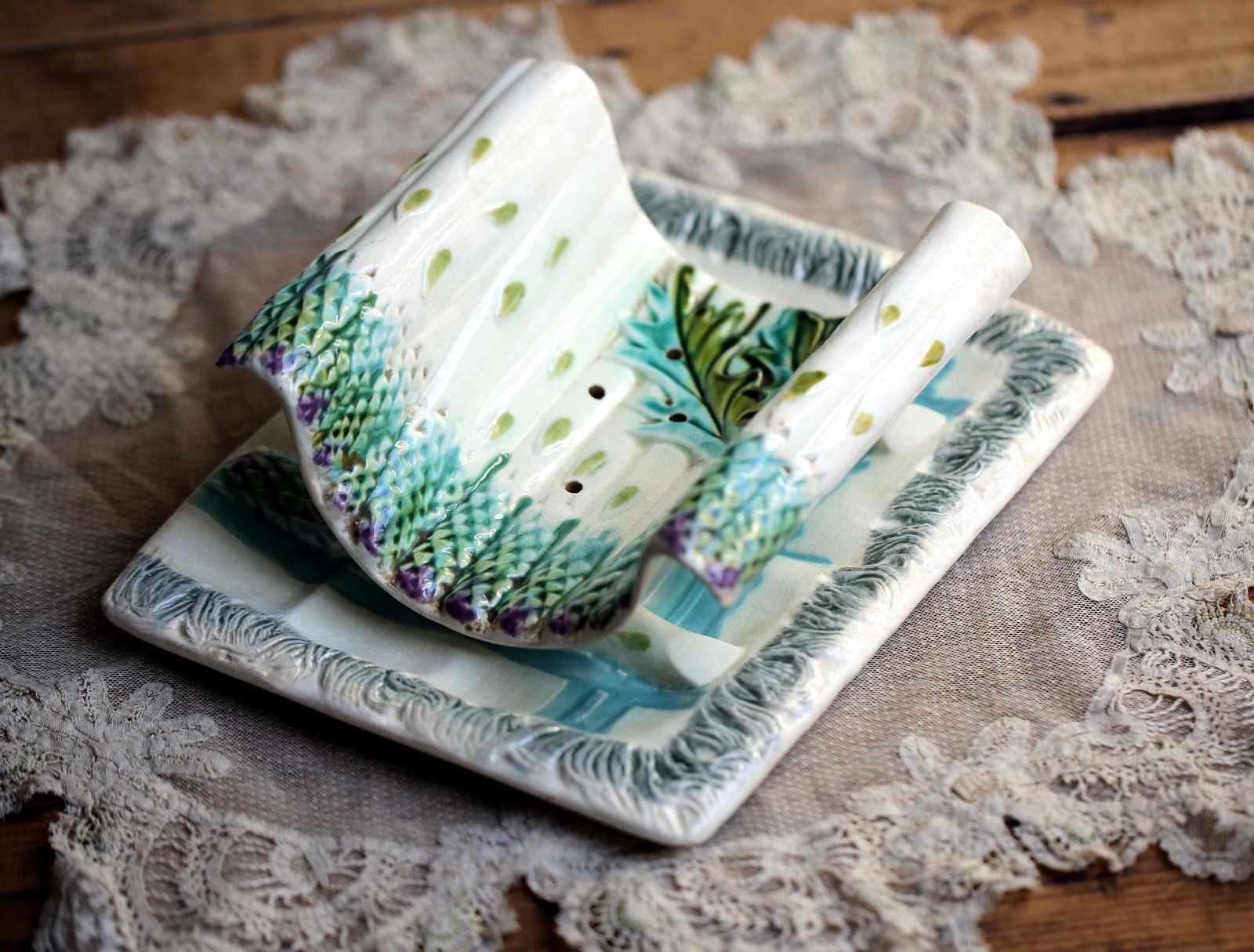 photo furniture Antique Asparagus Set Drainer & Plate French Majolica Serving Platter Salins