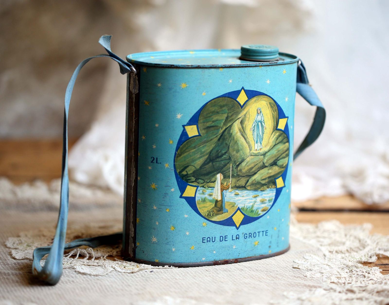 Antique French Holy Water Canister Blue Tin Can From Lourdes Metal Container With Strap