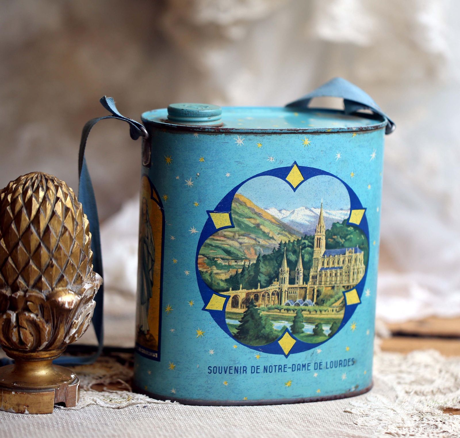 Antique French Holy Water Canister Blue Tin Can From Lourdes Metal Container With Strap photo furniture