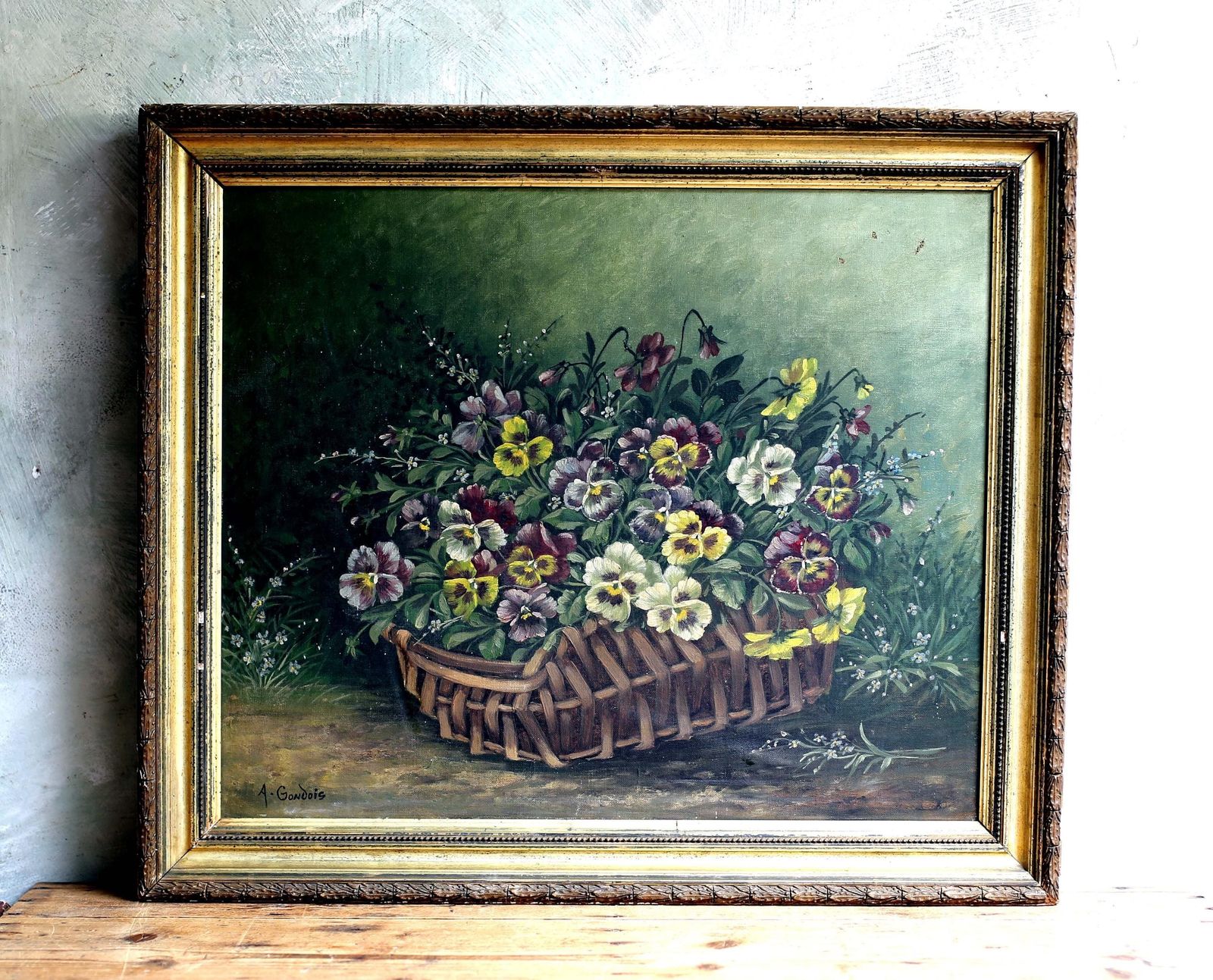 Original Antique French Oil Painting Flowers Framed Still Life Pansies Auguste Gondois