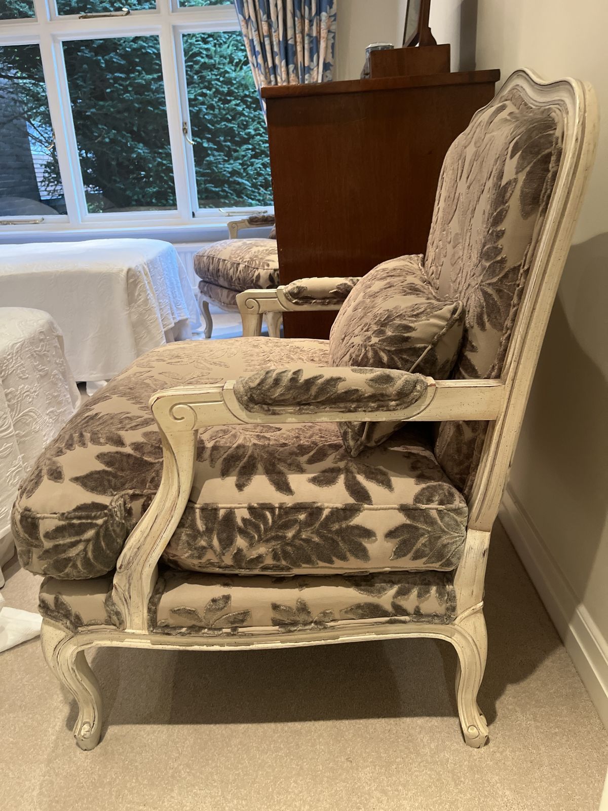 2 Upholstered Open Arm Chairs With Distressed Wooden Frames In The Style Of Louise Vx1 photo for sale