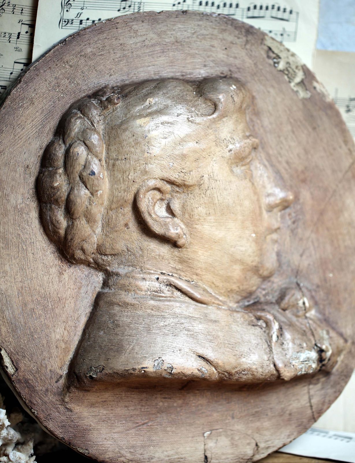 Antique Plaster Plaque Of A Lady Oval Medallion French Low Relief Female Face Cast photo for sale