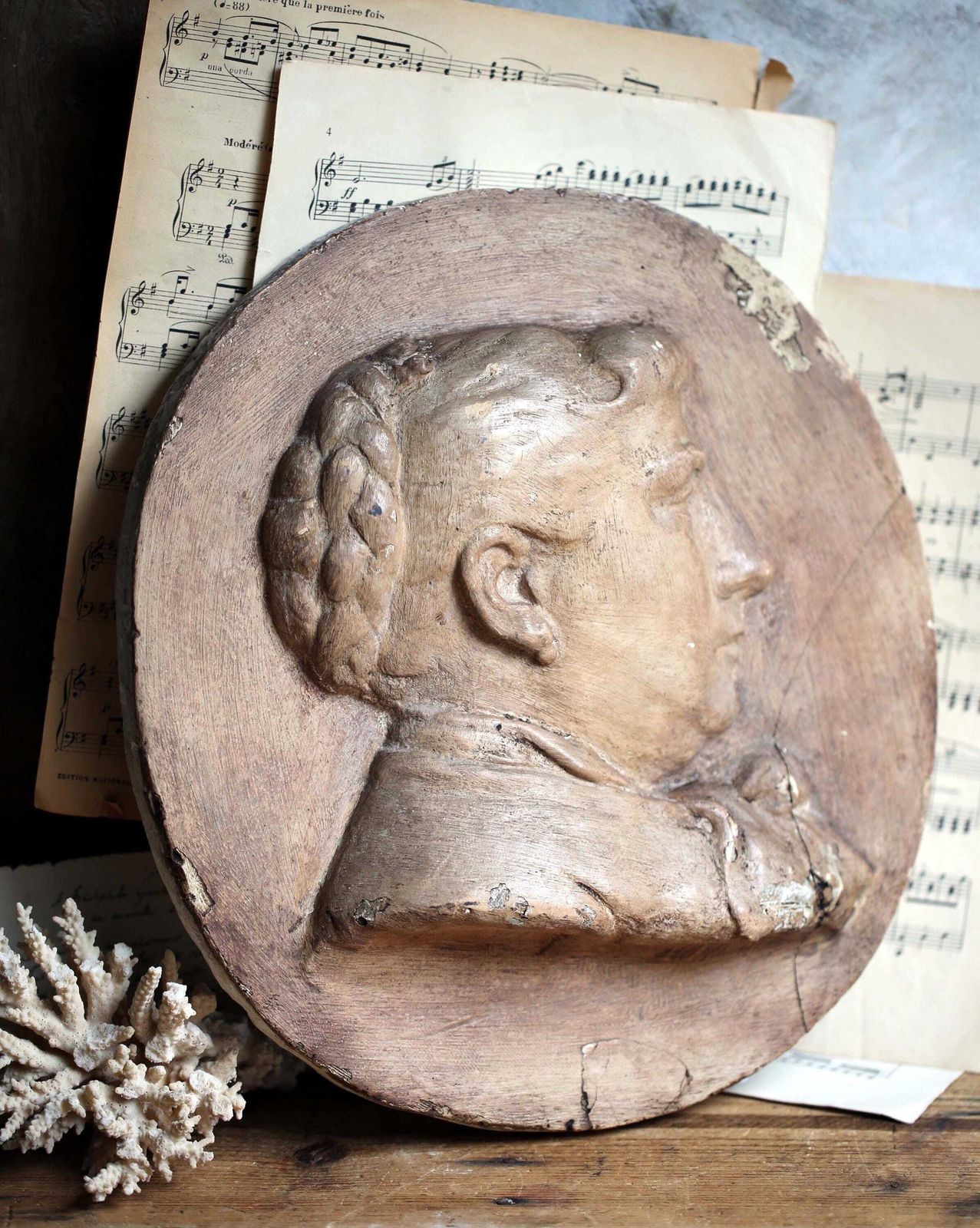Antique Plaster Plaque Of A Lady Oval Medallion French Low Relief Female Face Cast photo buy