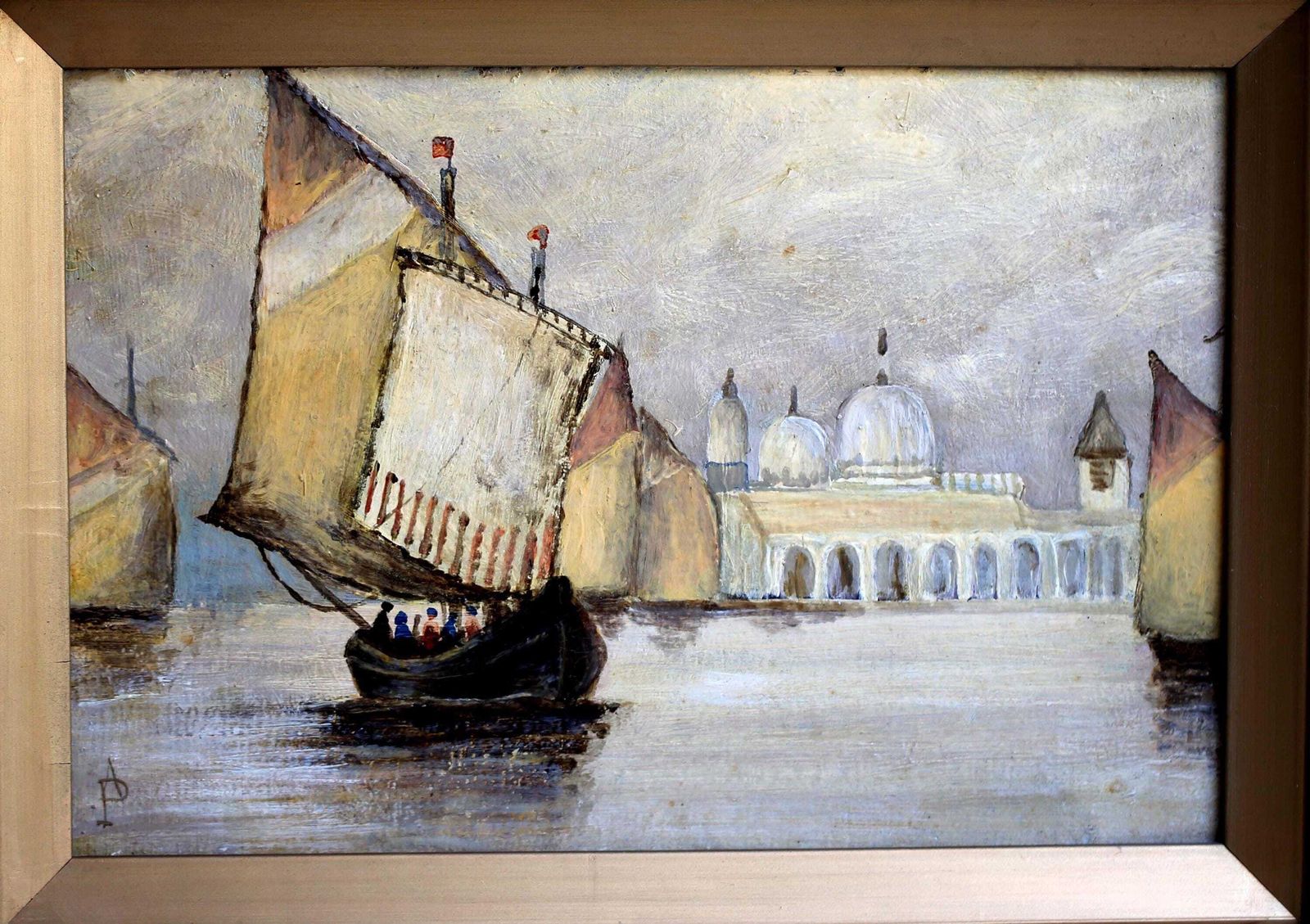 Antique Original Oil Painting Sailing Boats In Venice Signed A Paoli photo for sale