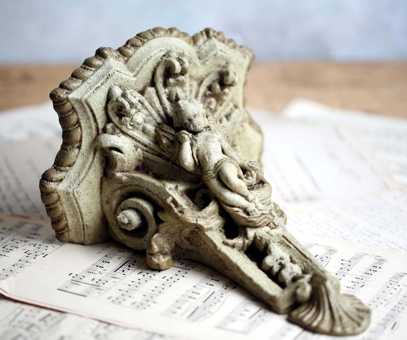 Antique Cherub Corbel French Rococo Plinth Angel Putti Wall Sconce Architectural Salvage photo vintage