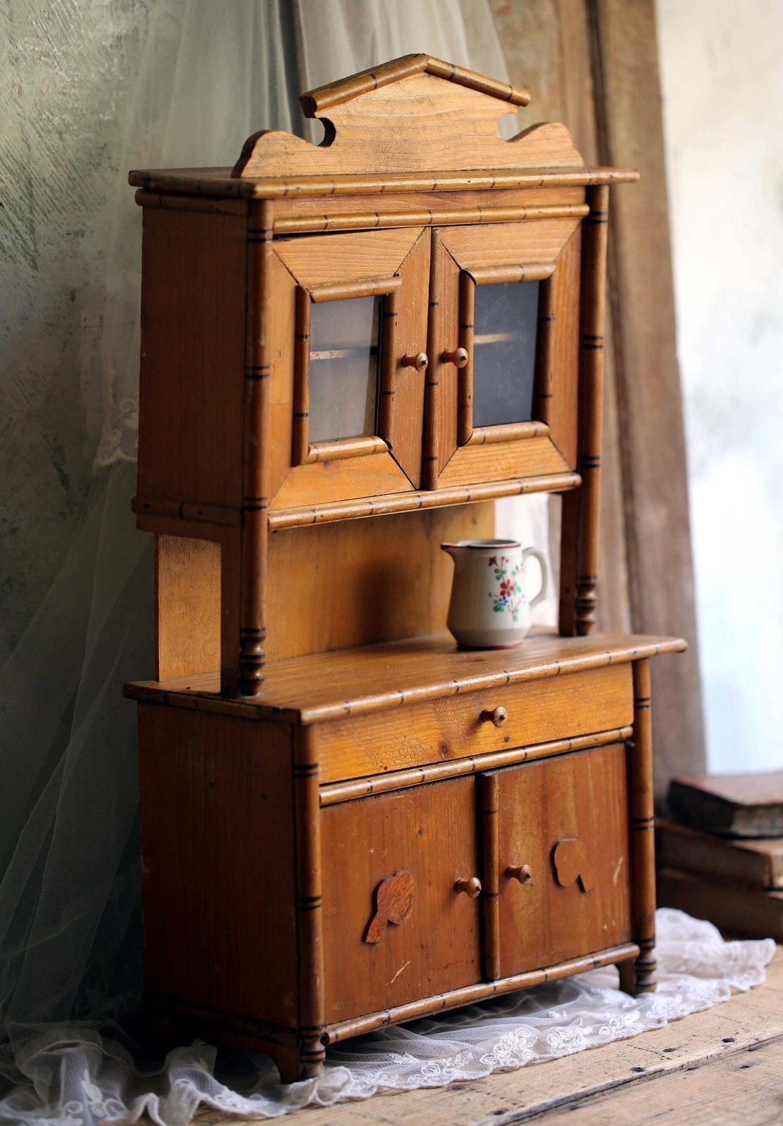 French Vintage Toy Dresser Child Faux Bamboo Hutch Small Wooden Miniature Furniture photo furniture