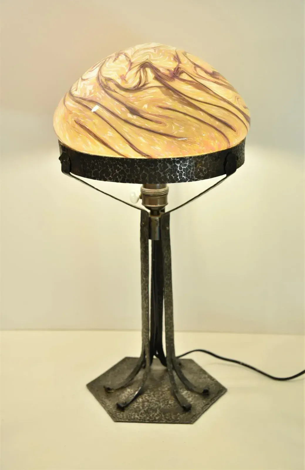 Large Art Nouveau Wrought Iron, Glass Table Lamp From Jugendstil, Sweden, 1925 photo furniture