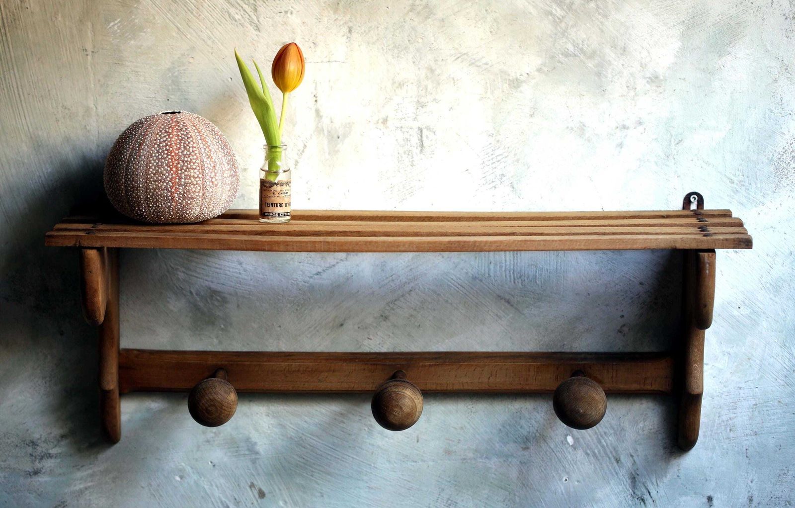 Antique French Coat Rack With 3 Pegs & Shelf Wooden Hat Hooks photo furniture