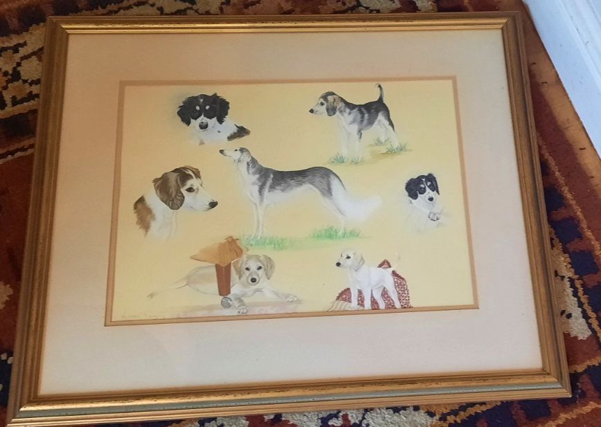 Vintage Original Water Colour Painting Of Dogs Signed By Victoria Parsons 1993