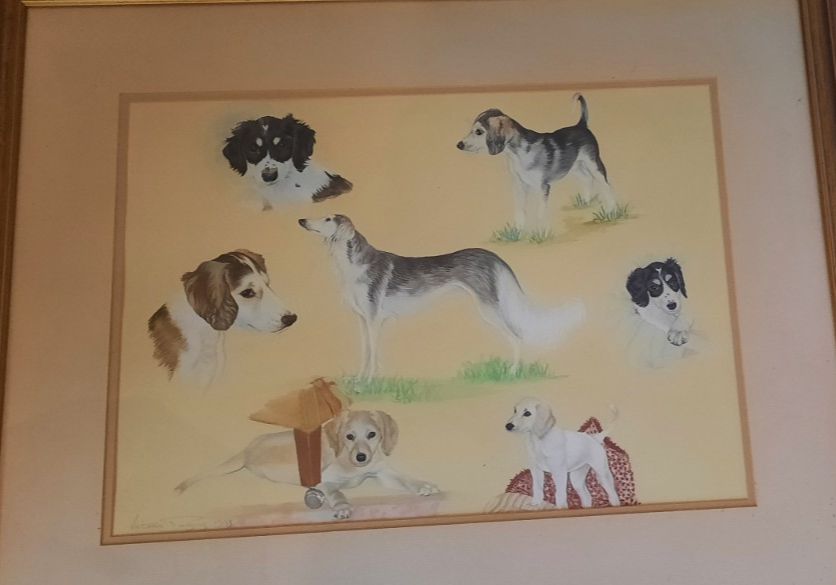 Vintage Original Water Colour Painting Of Dogs Signed By Victoria Parsons 1993 photo furniture