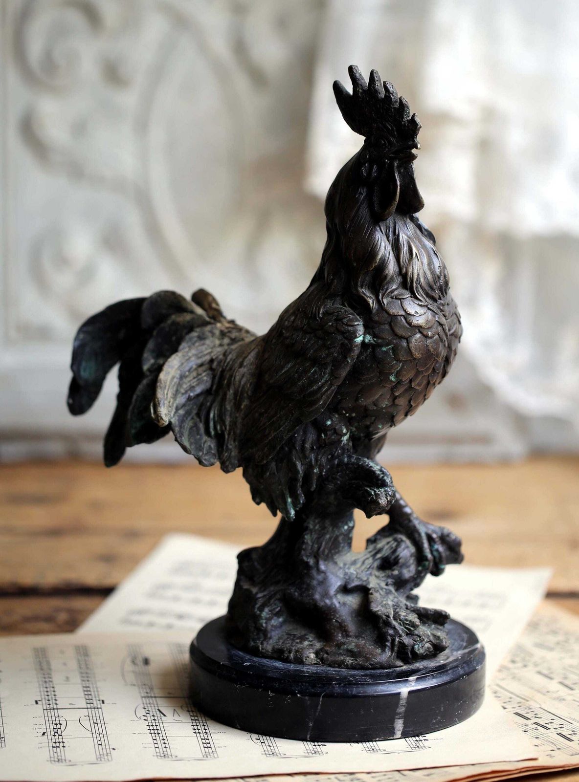 Antique Bronze Cockerel Statue French Rooster Figurine With Marble Base Art Nouveau photo vinterior