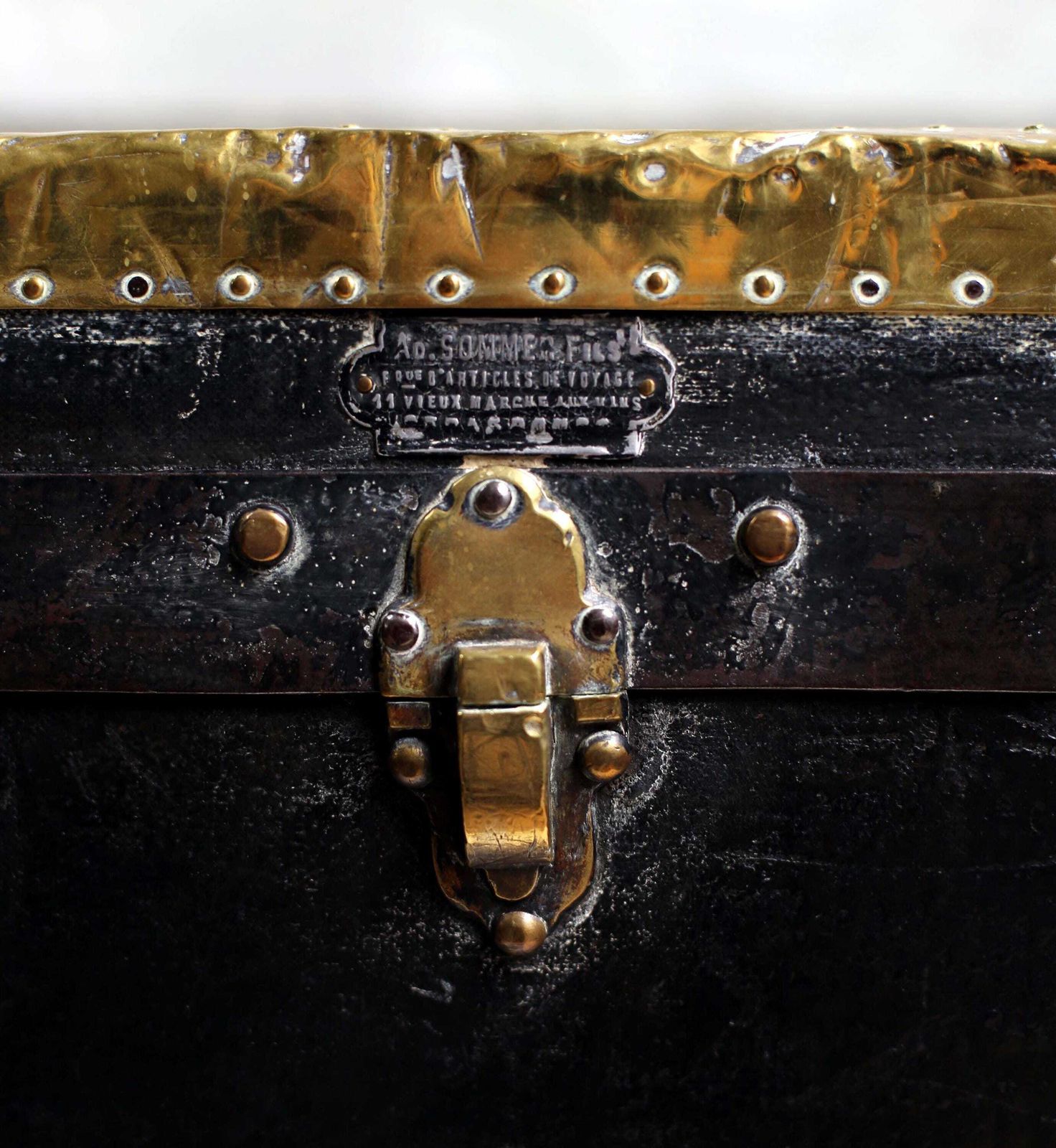 Large Antique Studded Chest Steamer Trunk Monogram In Brass Studs Wooden Black Storage Box photo for sale