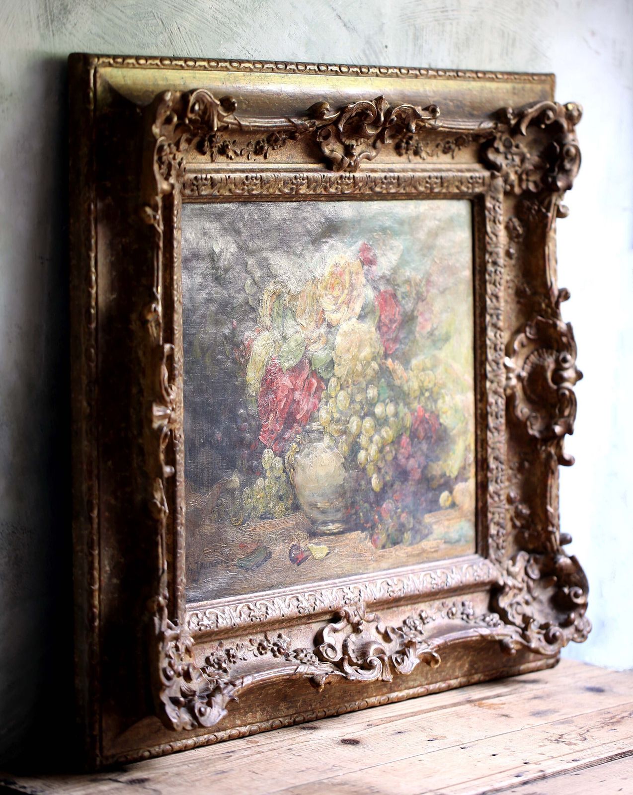 Antique Floral Oil Painting: Georges Jeannin French Still Life, Roses, Framed Canvas Art photo for sale