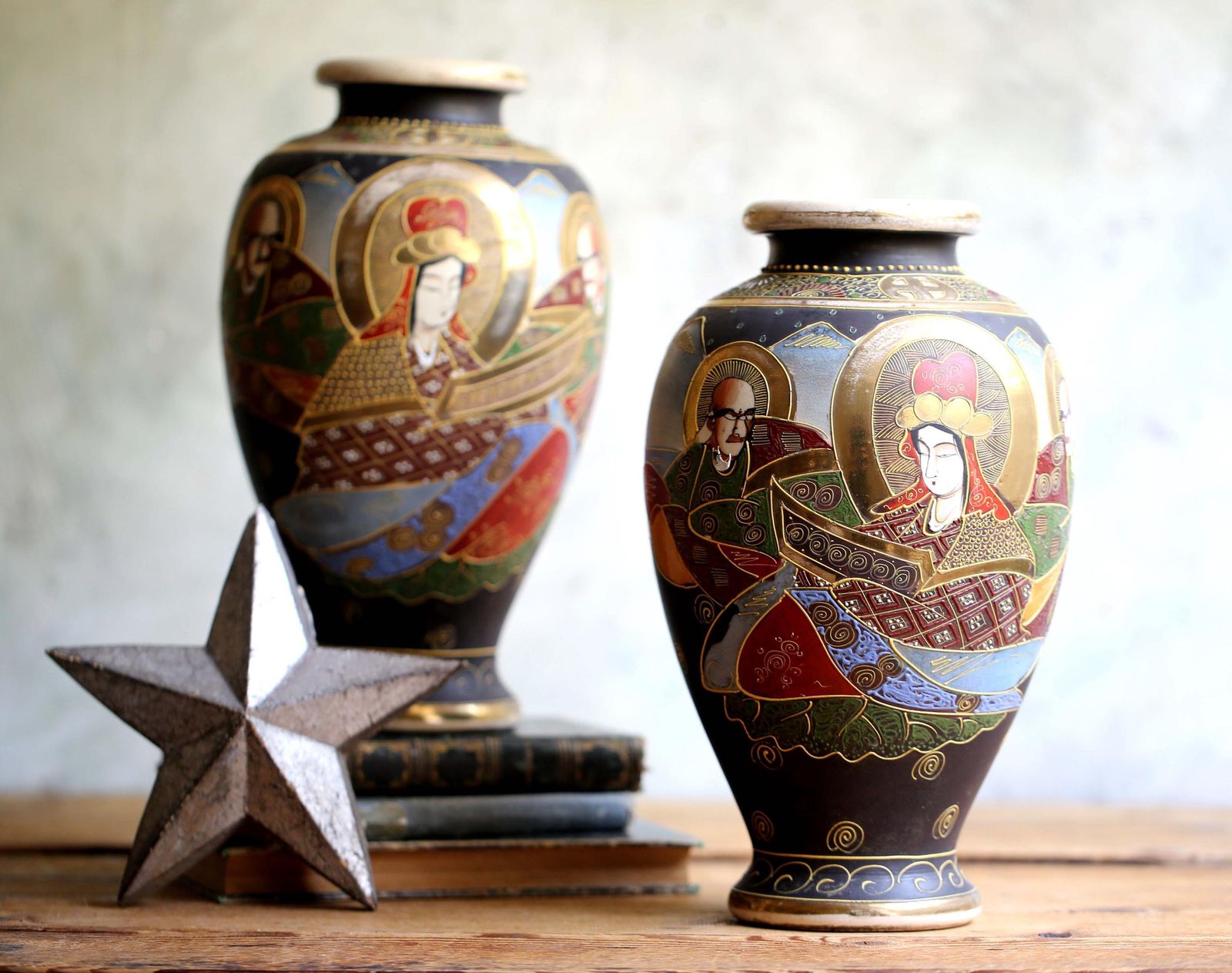 Pair Of Antique Maji Satsuma Ware Vases Large Porcelain Ikebana Urns Yaki Moriage photo furniture