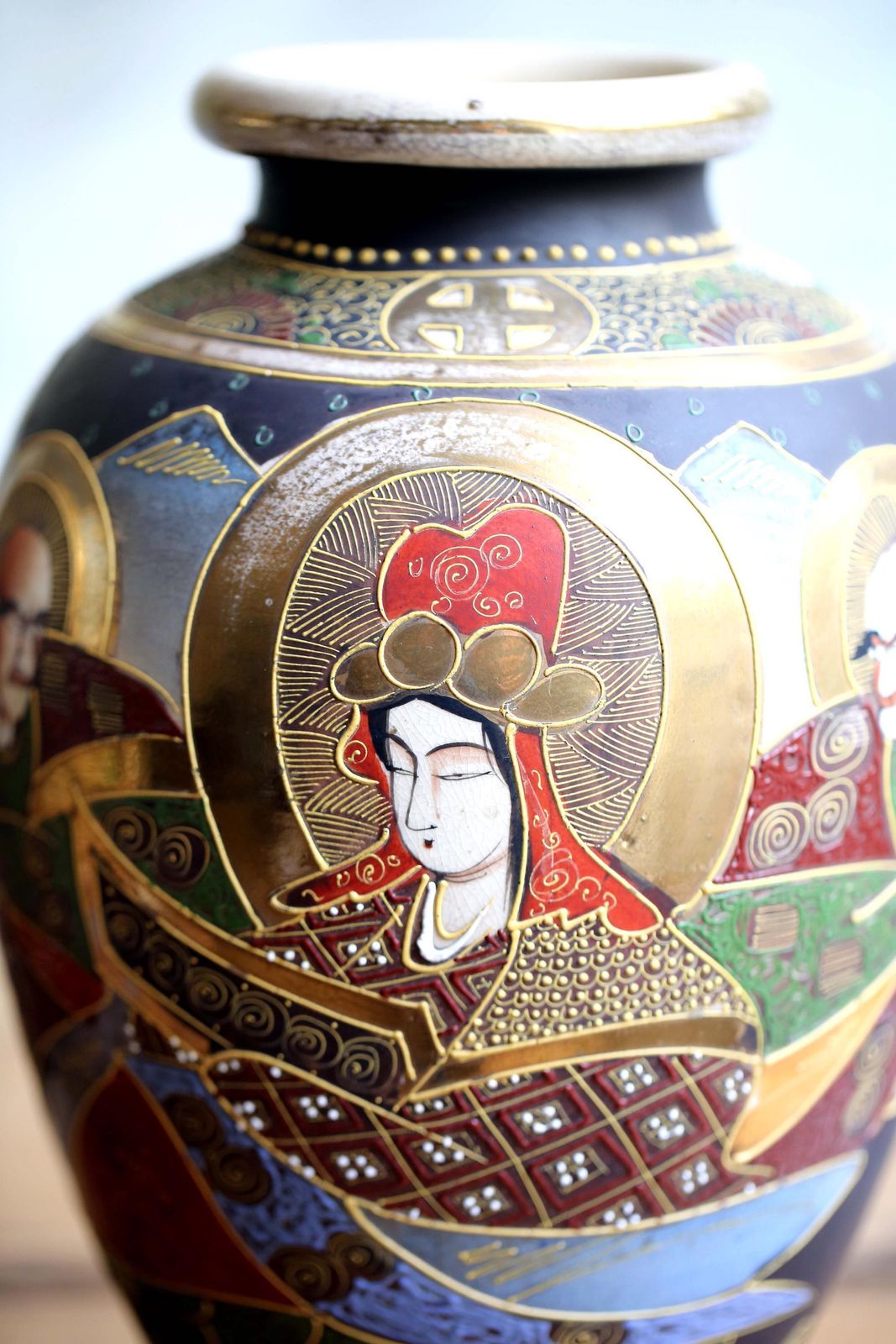 Pair Of Antique Maji Satsuma Ware Vases Large Porcelain Ikebana Urns Yaki Moriage photo buy