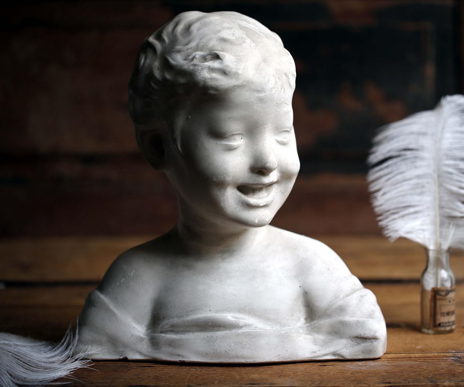 Large Antique Bust Laughing Child Plaster Statue Of A Boy Desiderio Da Settignano photo furniture