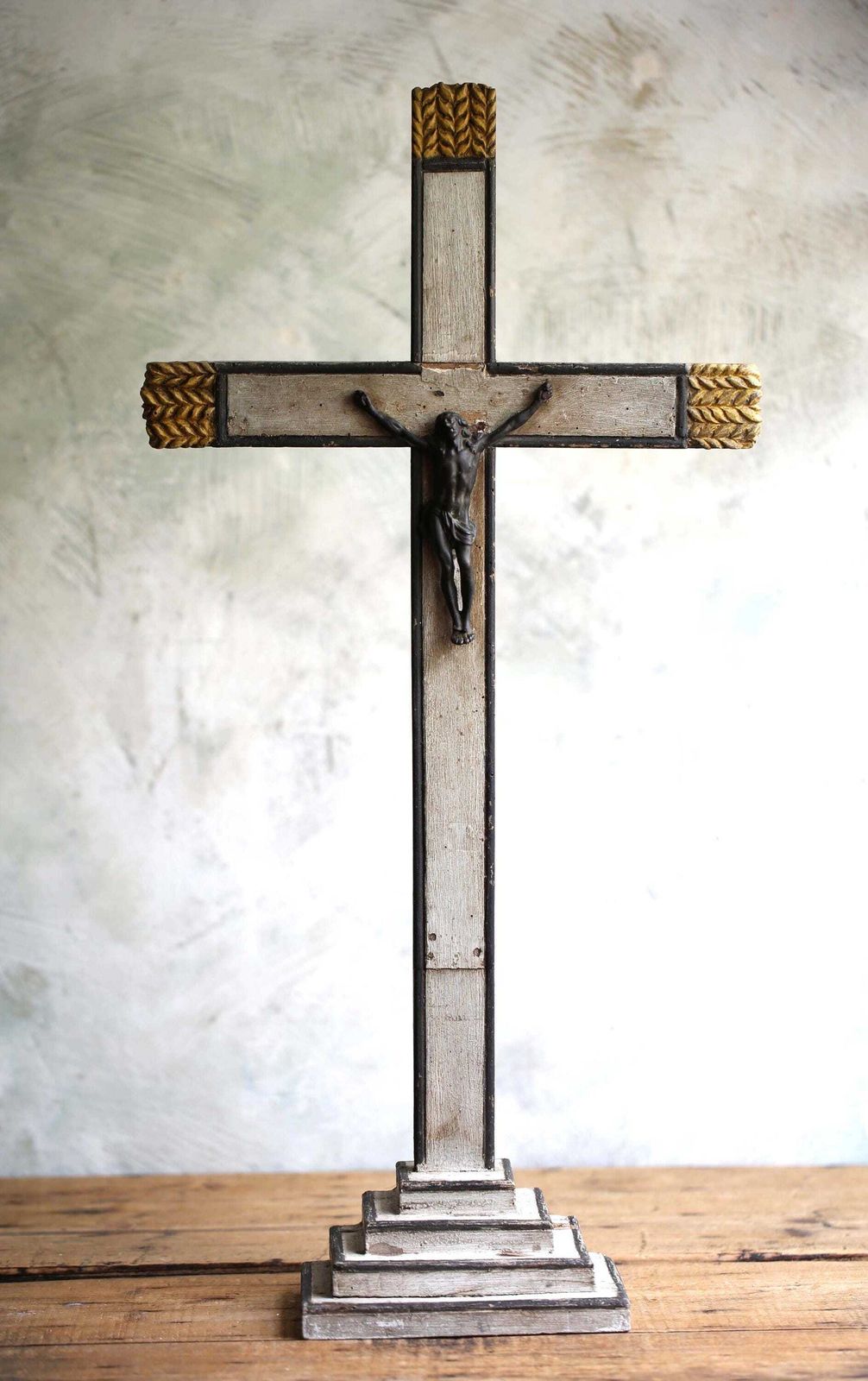 Large Altar Piece Crucifix With Wheat Antique Folk Art Crucifix Polychrome Wooden Holy Cross