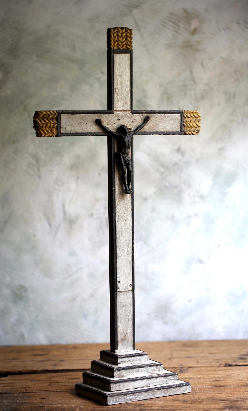 photo for sale Large Altar Piece Crucifix With Wheat Antique Folk Art Crucifix Polychrome Wooden Holy Cross