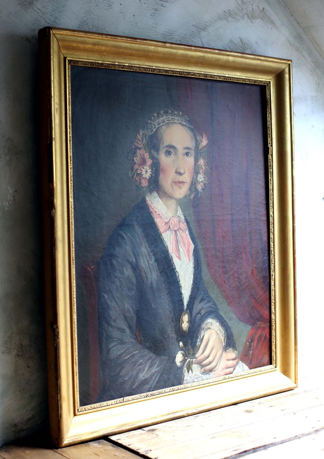 Large Antique Portrait Painting Of A Lady With Floral Headdress Framed Picture Of Woman photo furniture