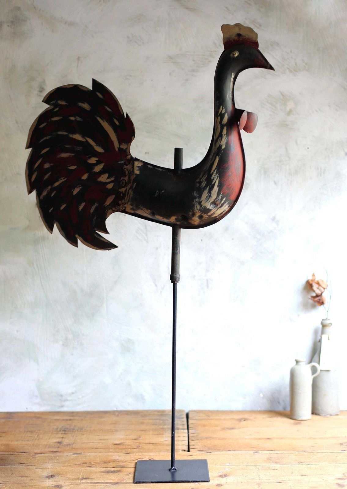 photo for sale Antique Primitive Cockerel Weather Vane Early French Painted Tin Rooster Roof Ornament Folk Art