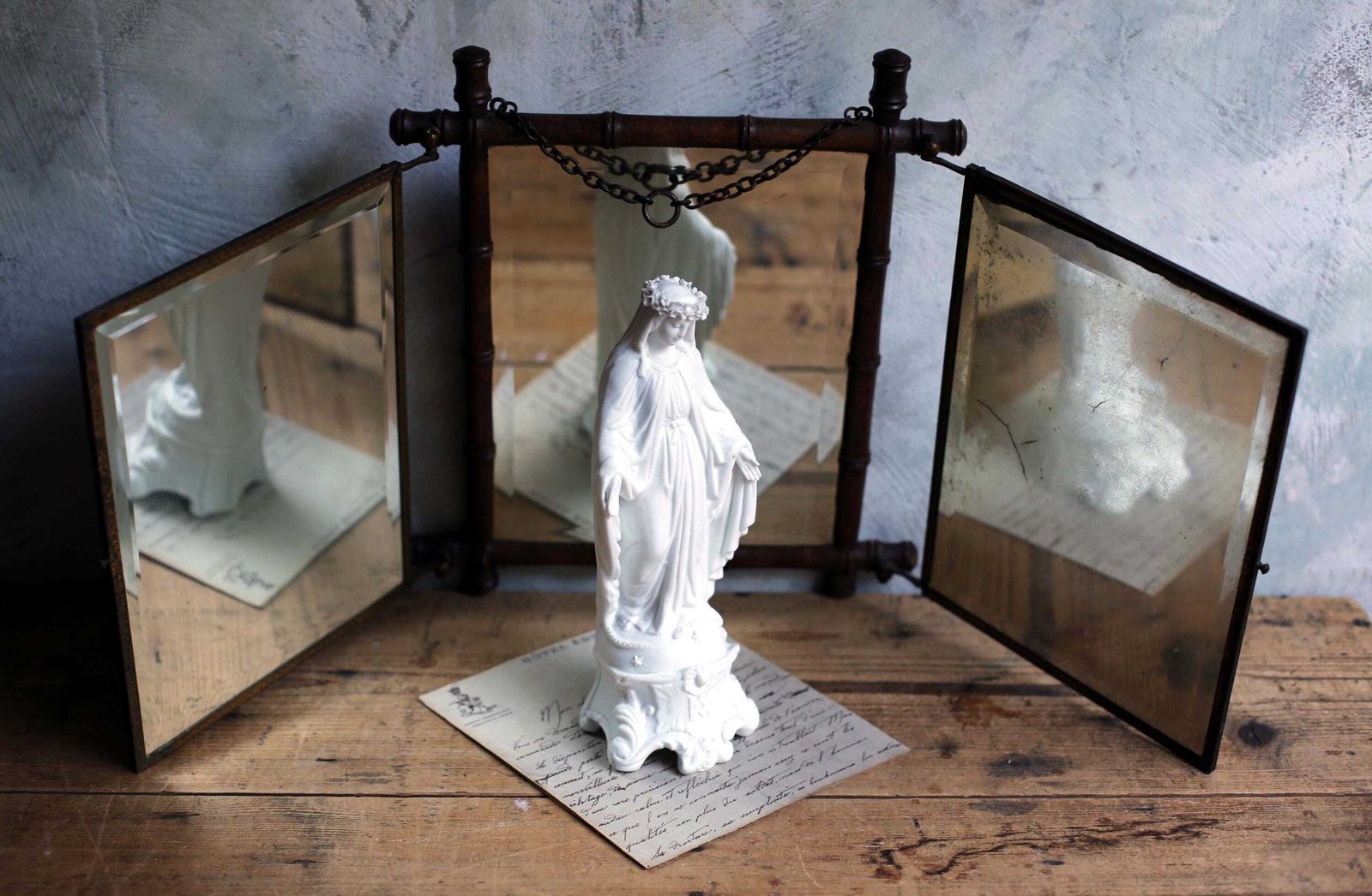Antique French Folding Vanity Mirror: Foxed Mercury Glass, Faux Bamboo