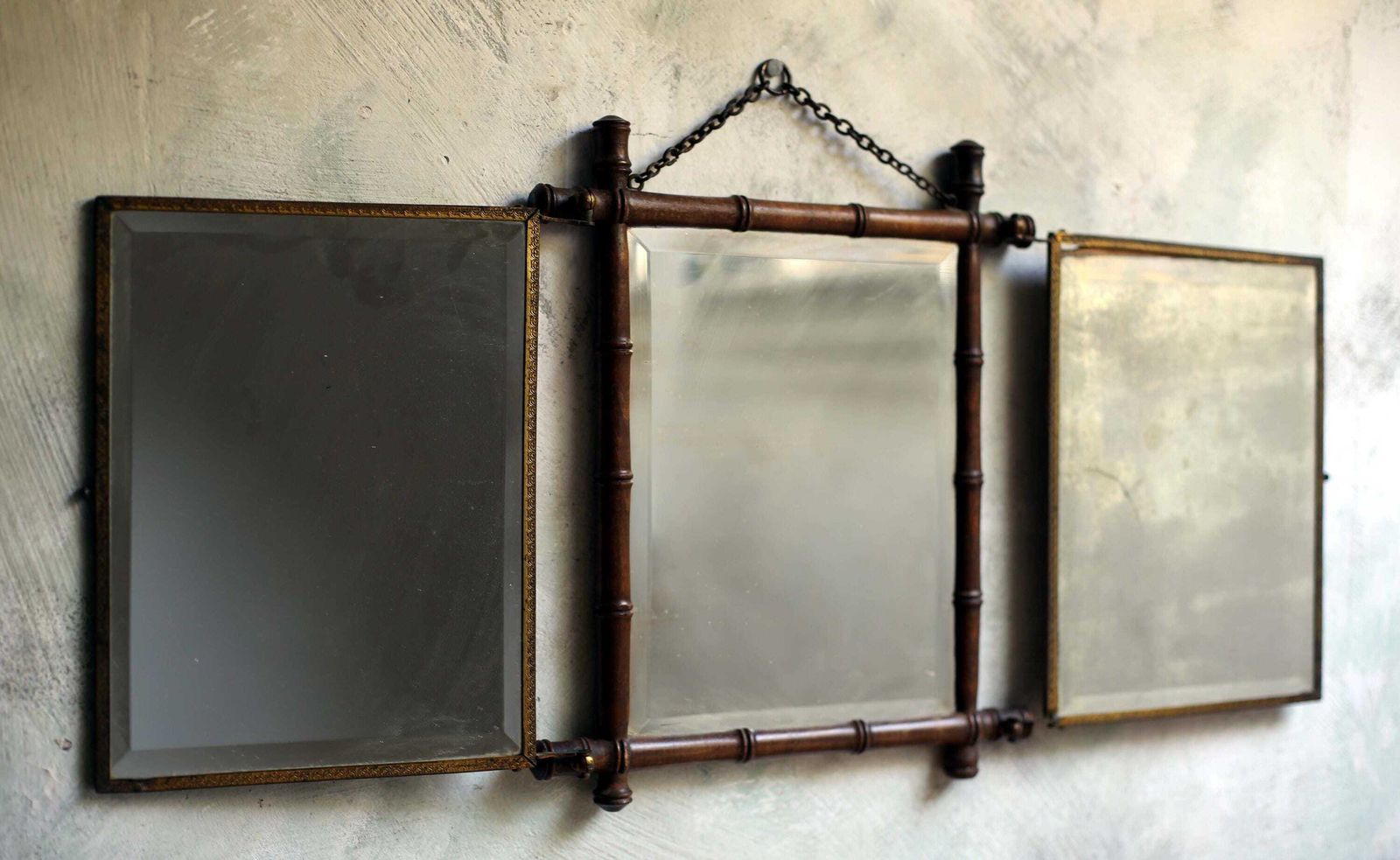 Antique French Folding Vanity Mirror: Foxed Mercury Glass, Faux Bamboo photo furniture