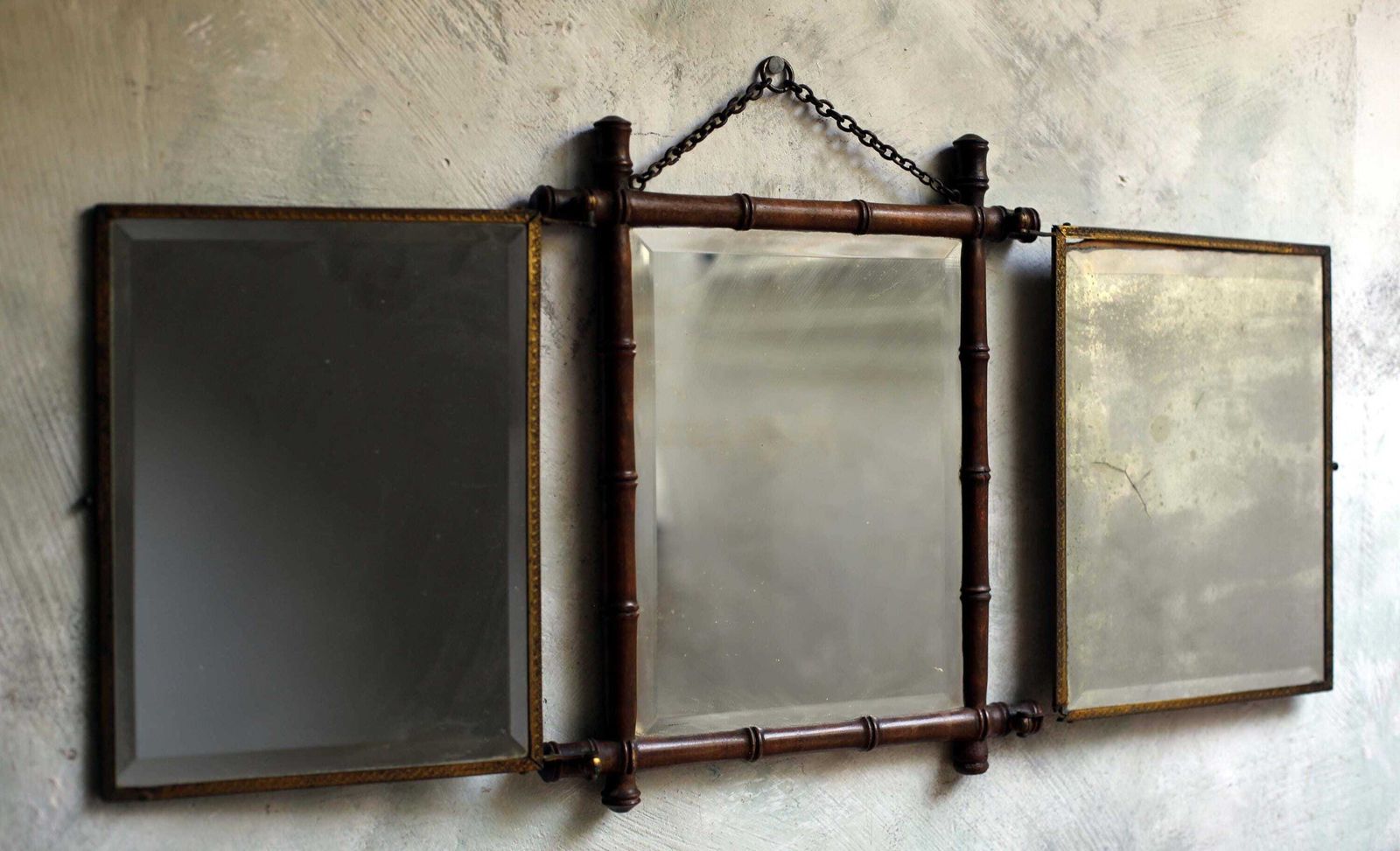 photo furniture Antique French Folding Vanity Mirror: Foxed Mercury Glass, Faux Bamboo