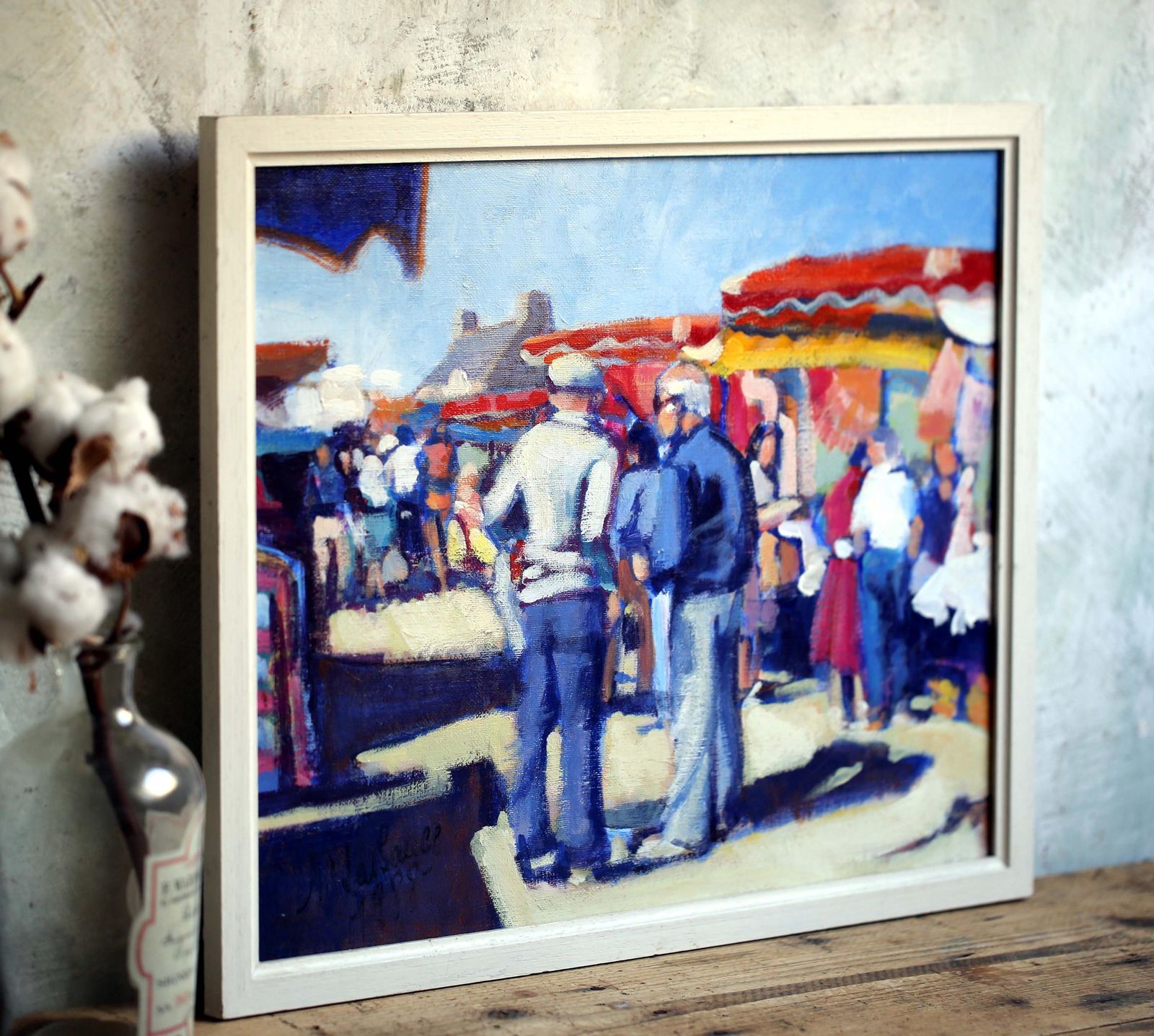 photo for sale Vintage French Market Scene Oil Painting: Dinard Seaside Art By Marcel Lassauce, 1988