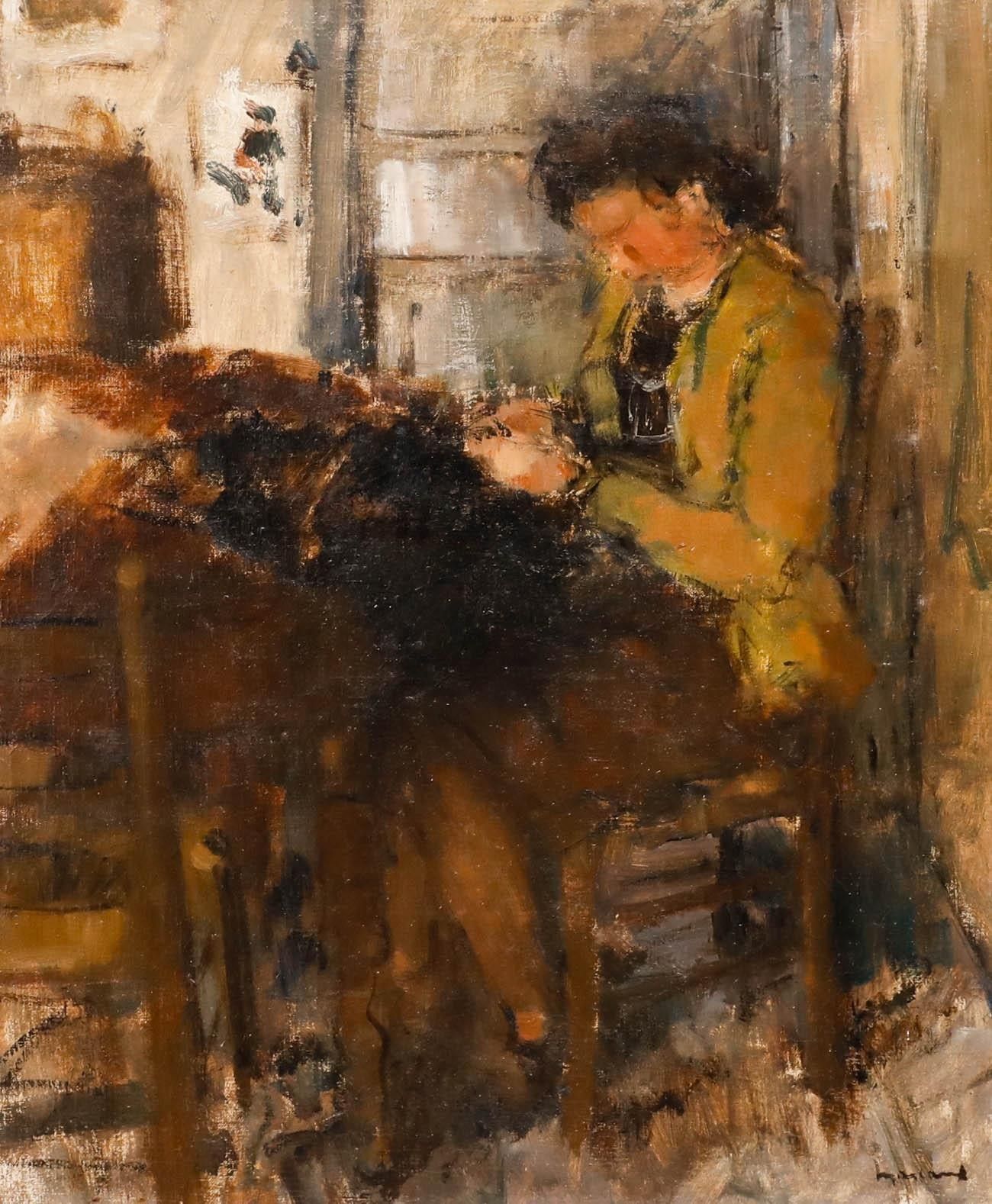 Albert Mascaux (1900 1963) Mid 20th Century Oil, The Seamstress photo furniture