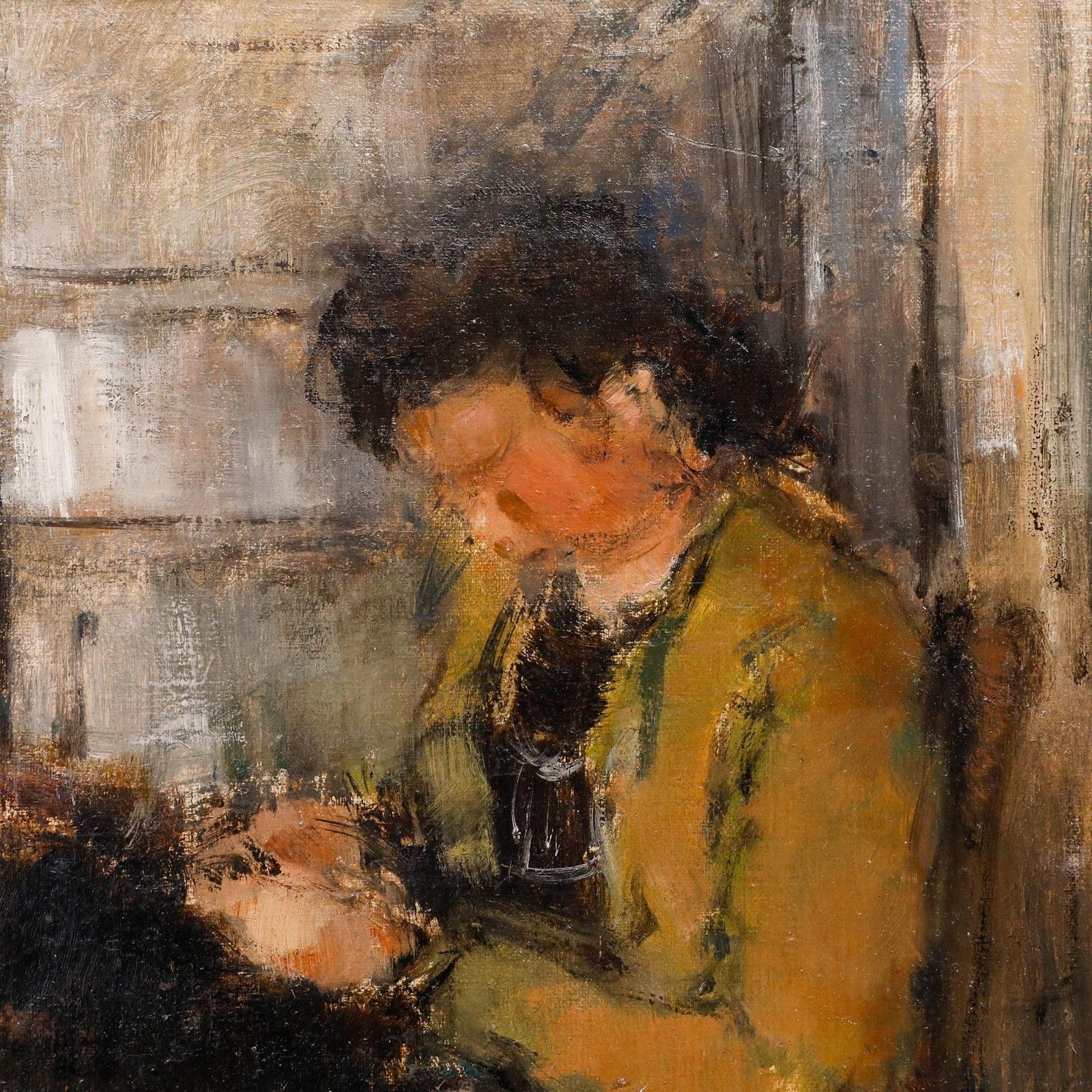 Albert Mascaux (1900 1963) Mid 20th Century Oil, The Seamstress photo Art