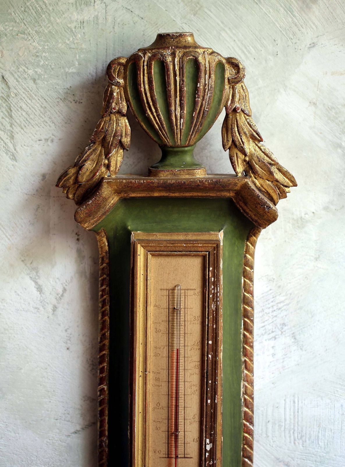 Antique Barometer Thermometer Louis XIV Style Green & Gilded Wood French Neoclassical Weather Instrument photo for sale