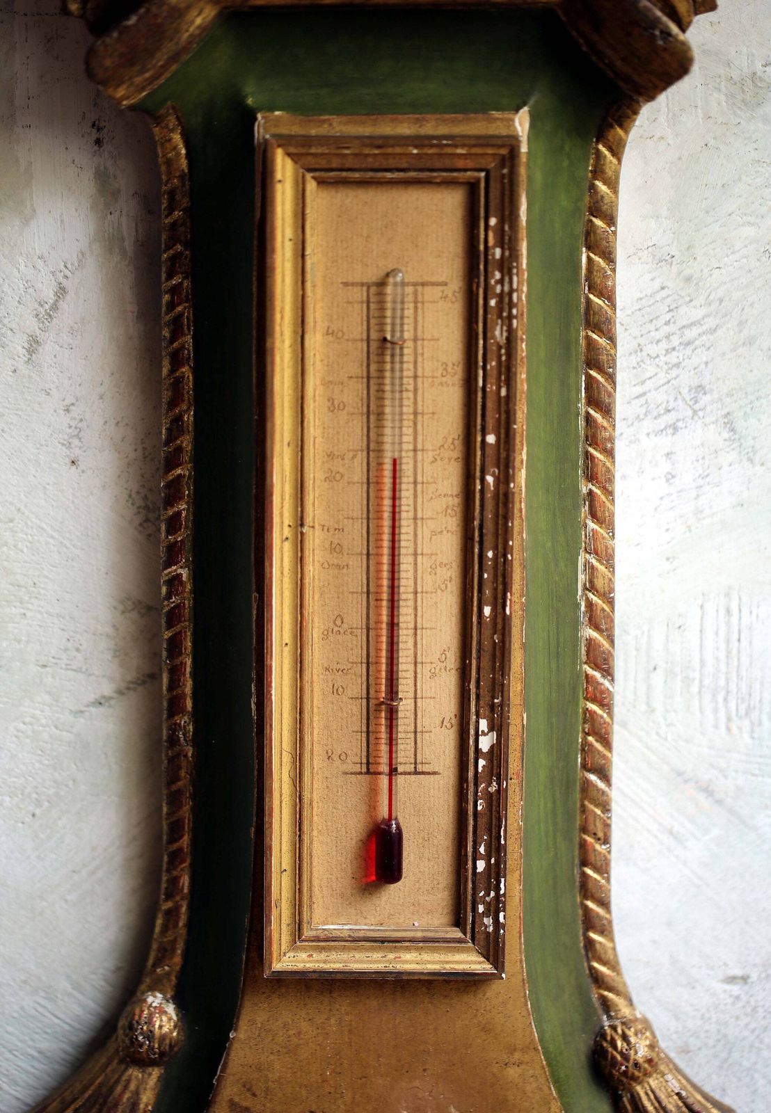 Antique Barometer Thermometer Louis XIV Style Green & Gilded Wood French Neoclassical Weather Instrument photo Home Decor