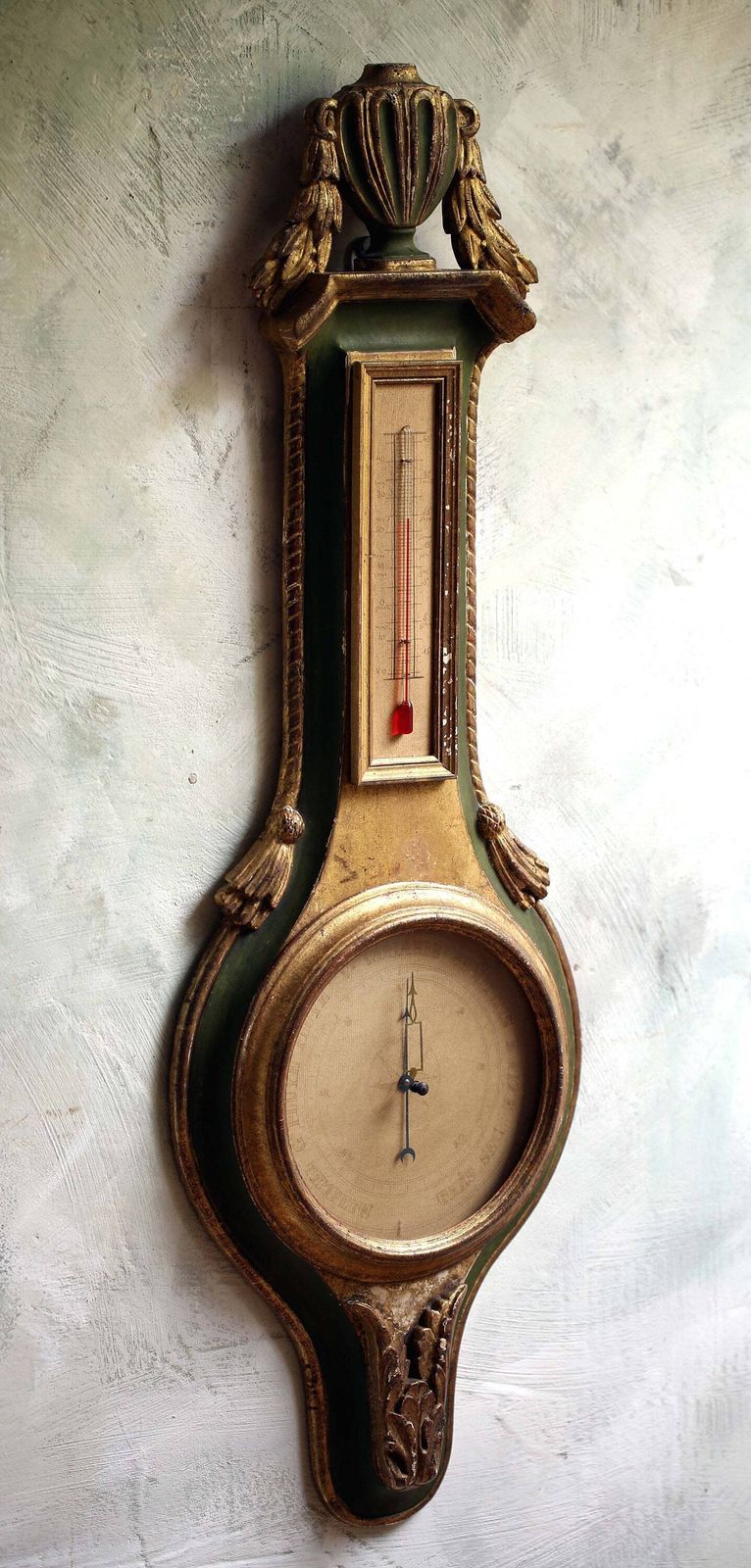 Antique Barometer Thermometer Louis XIV Style Green & Gilded Wood French Neoclassical Weather Instrument photo buy