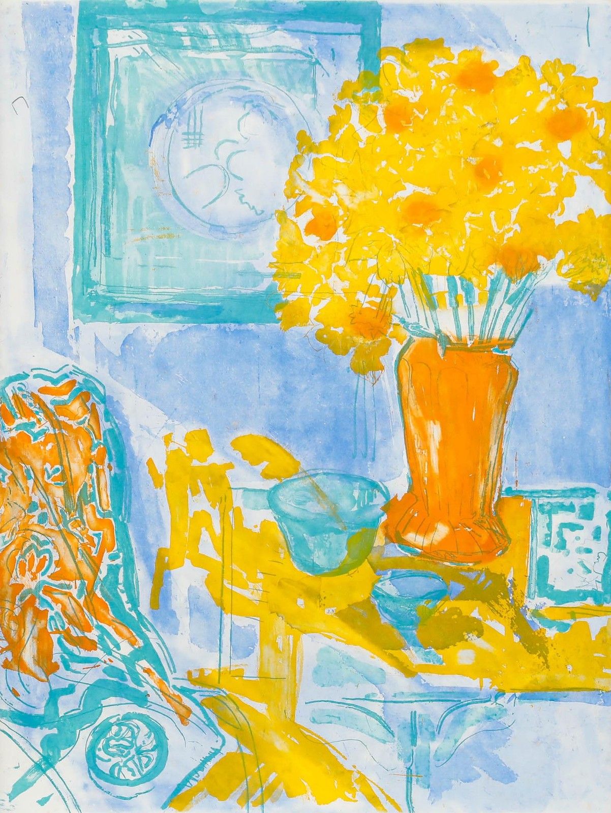Andrea Tana (B.1942) Framed 20th Century Lithograph, Still Life Of Daffodils photo furniture