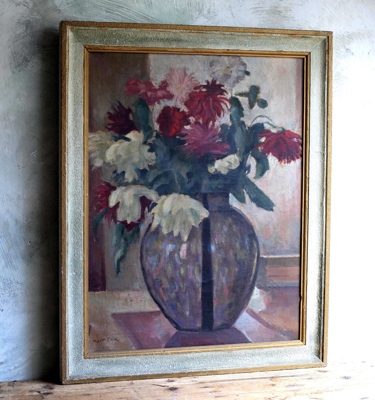 Paul Mondain Floral Oil Painting: French Antique Still Life, Framed Canvas Art photo vinterior