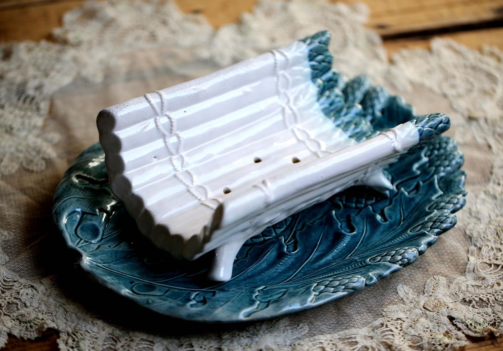 photo furniture Antique Asparagus Set Drainer & Plate French Majolica Artichoke Serving Platter K.G Luneville