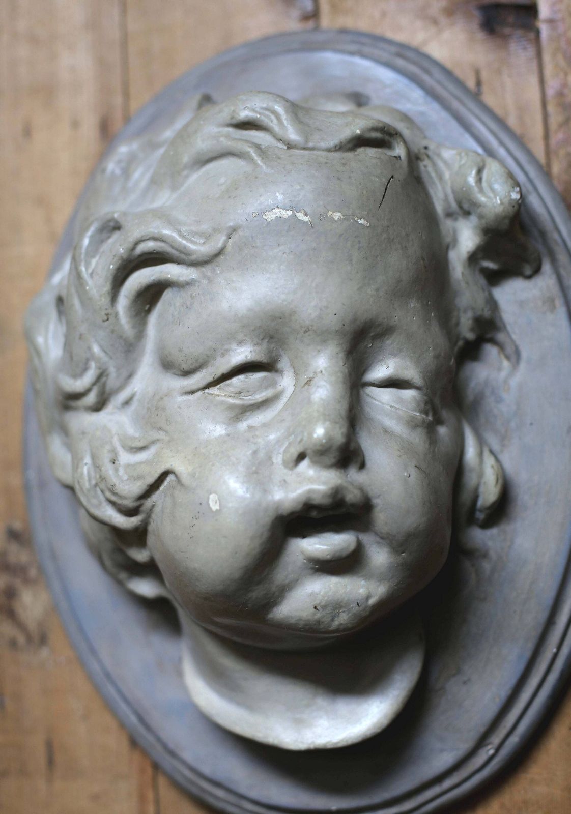 Large Antique Cherub Wall Plaque Angel Face High Relief Cupid Hanging Neoclassical Putti photo 150.0