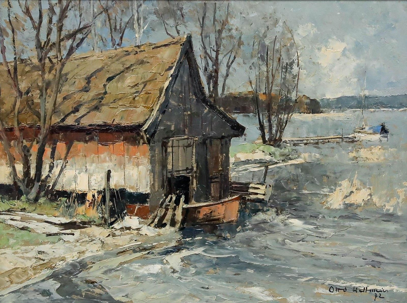 Otto Hellmeier (1908 1996) 1972 Oil, Winter On The Lake photo furniture