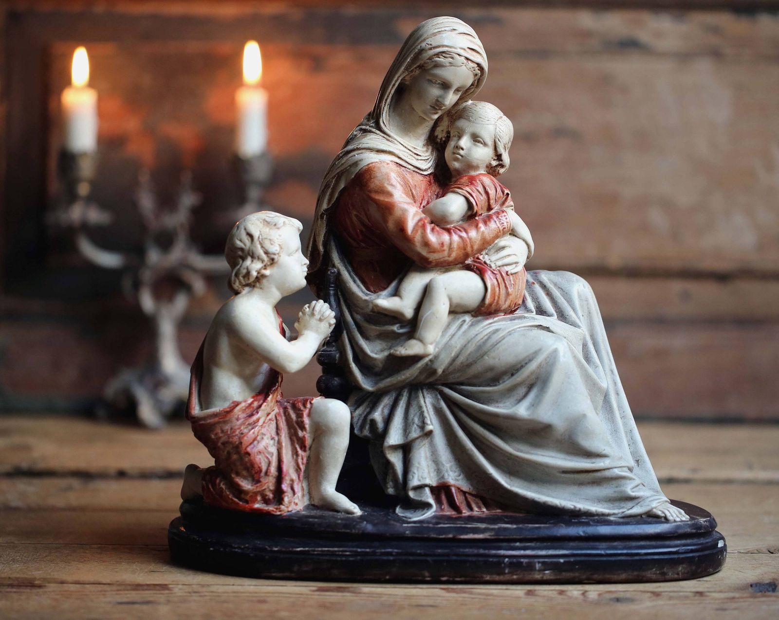 Antique French Memento Mori Chalkware Statue: Madonna, Jesus, Saint John photo for sale