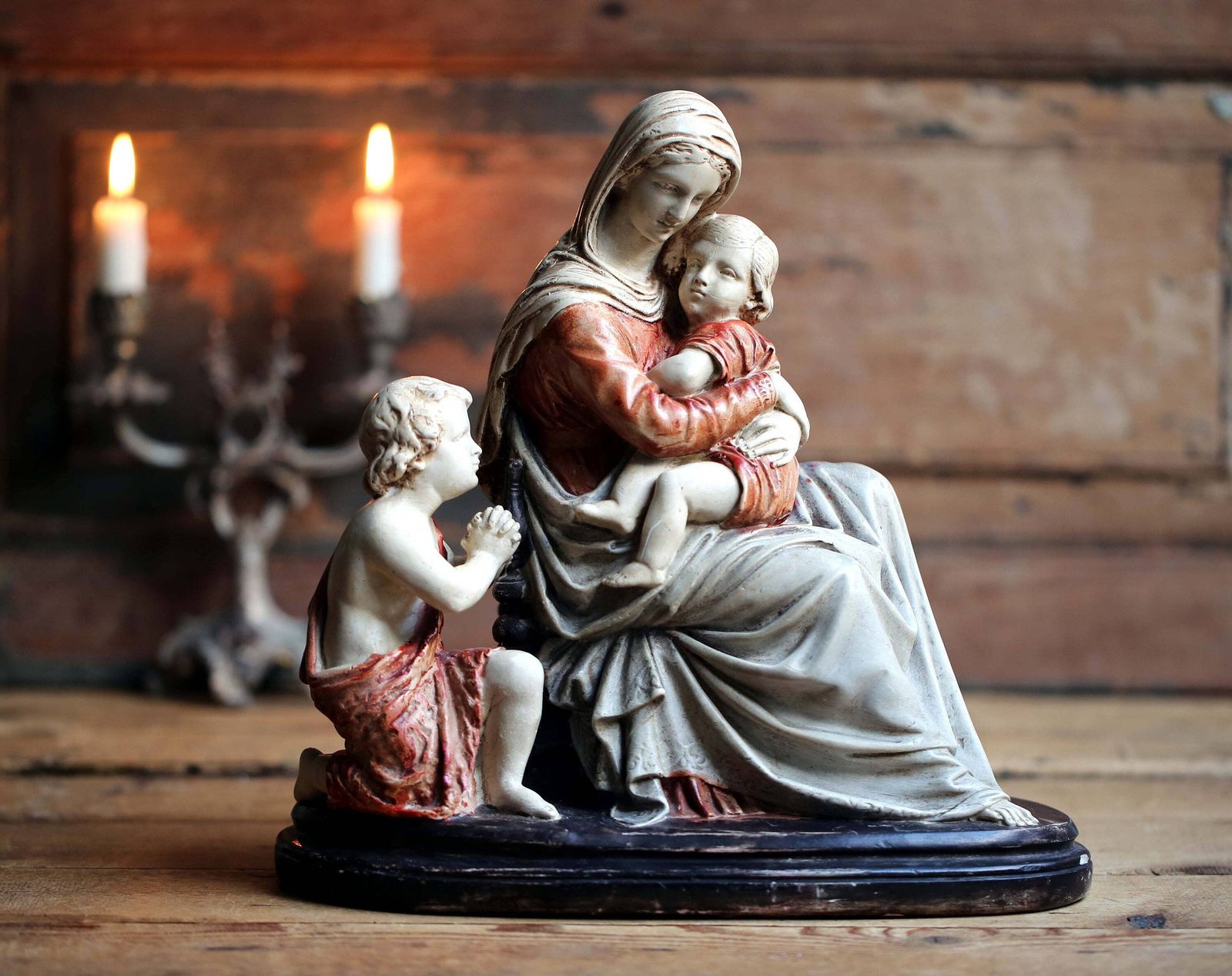 Antique French Memento Mori Chalkware Statue: Madonna, Jesus, Saint John photo 323.0