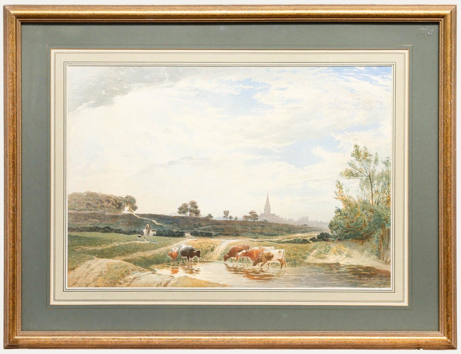 Edward Matthews Late 19th Century Watercolour, Cattle Drinking On Sheen Common