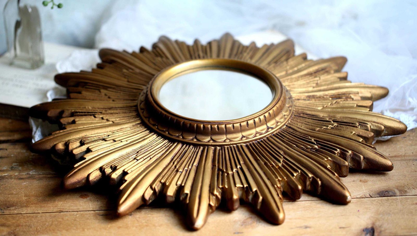 Large Antique French Gold Sunburst Mirror Plaster Sun Burst Star photo vintage