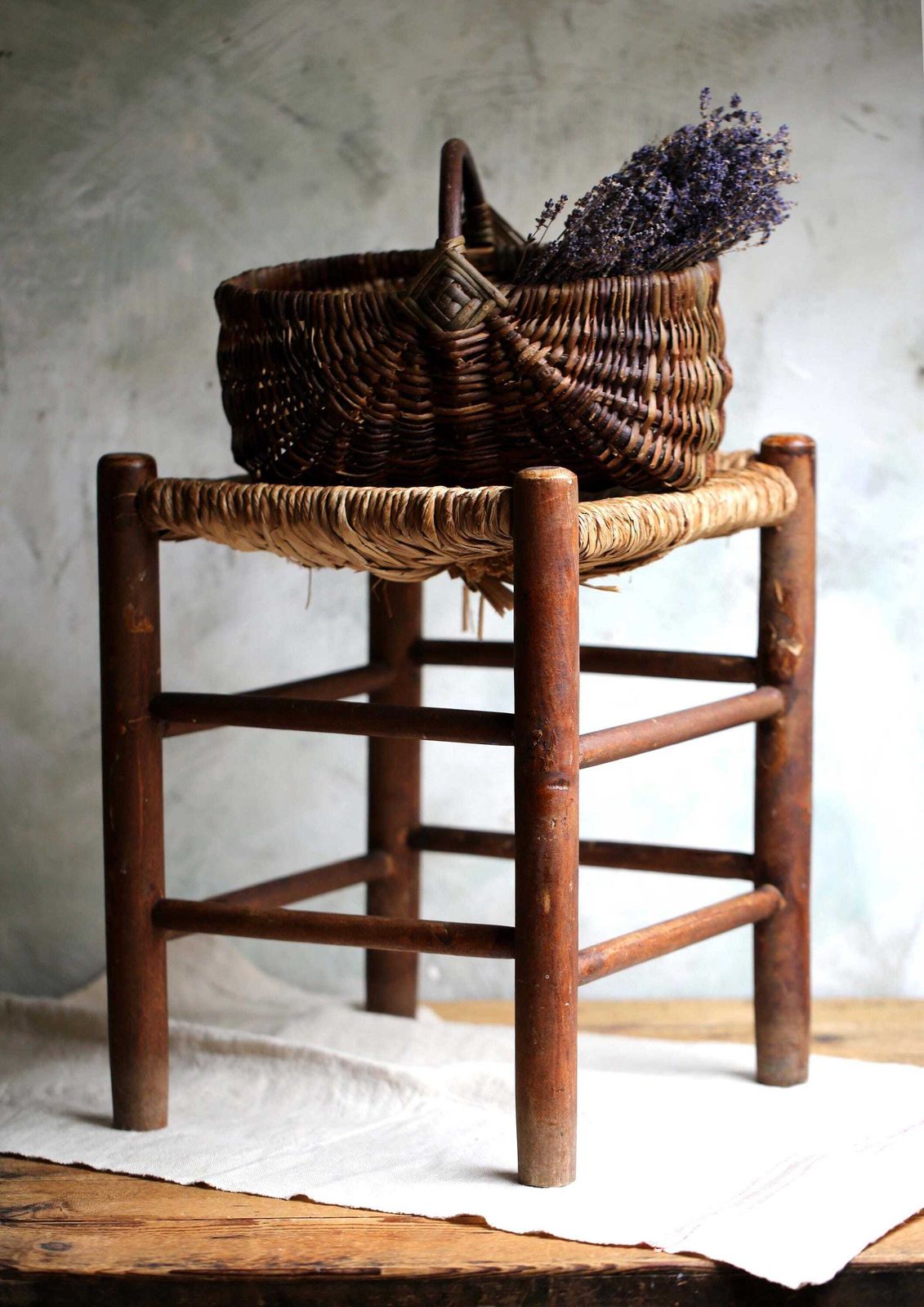 Antique French Wooden Stool With Woven Straw Seat photo for sale