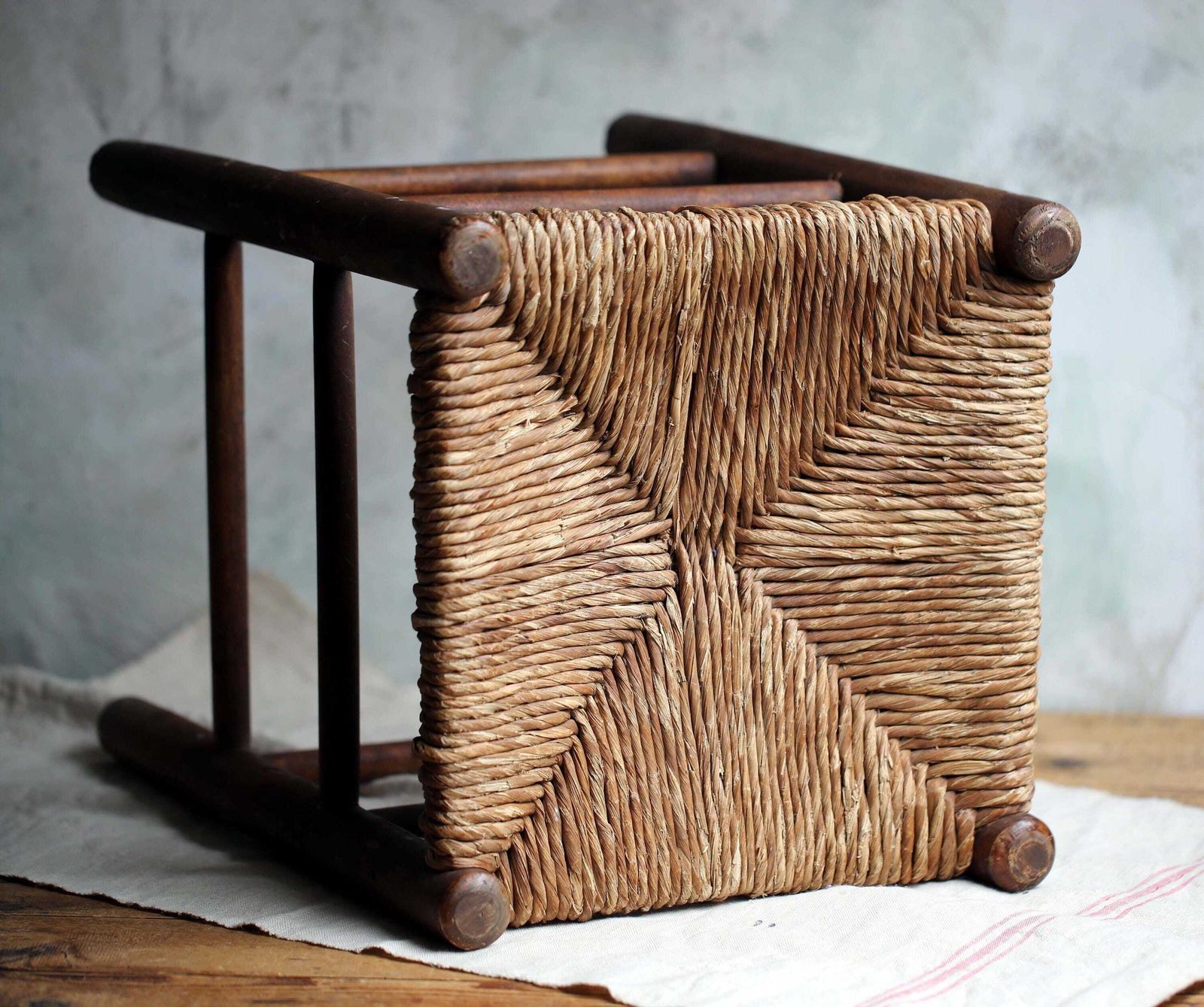 Antique French Wooden Stool With Woven Straw Seat photo 158.0