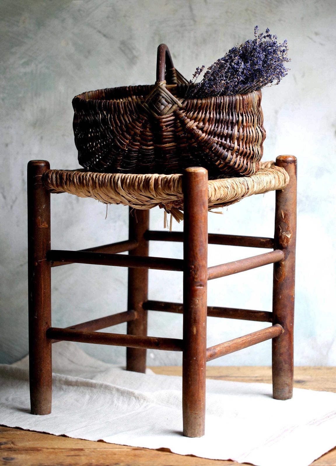 photo for sale Antique French Wooden Stool With Woven Straw Seat