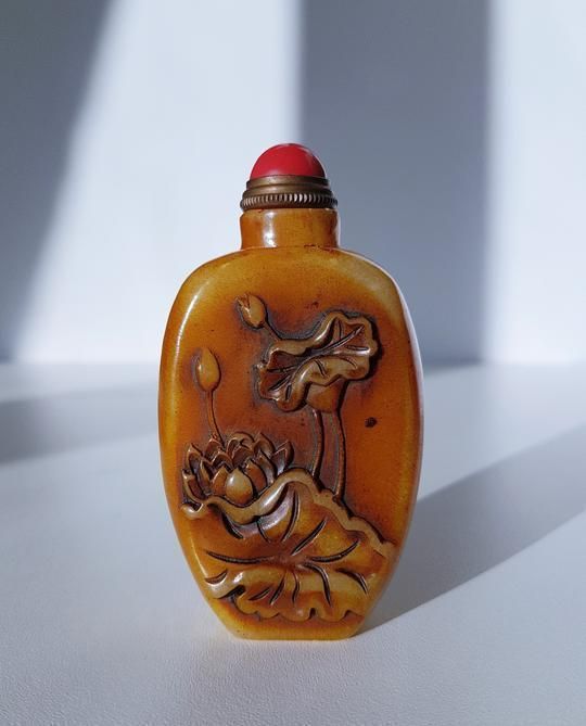 Early 20th Cen. Chinese Soapstone Zhusha Bottle And Seal With Carved Lotus And Lily Pad Relief photo vintage