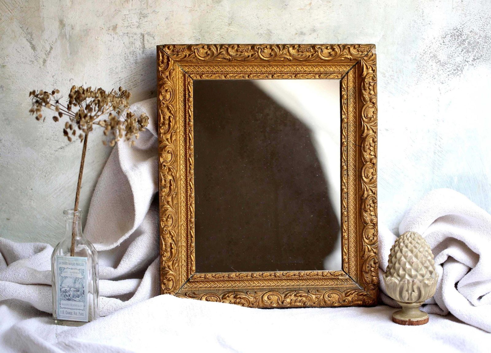 photo furniture Antique French Wall Mirror With Ornate Wooden Painted Gold Frame Rococo